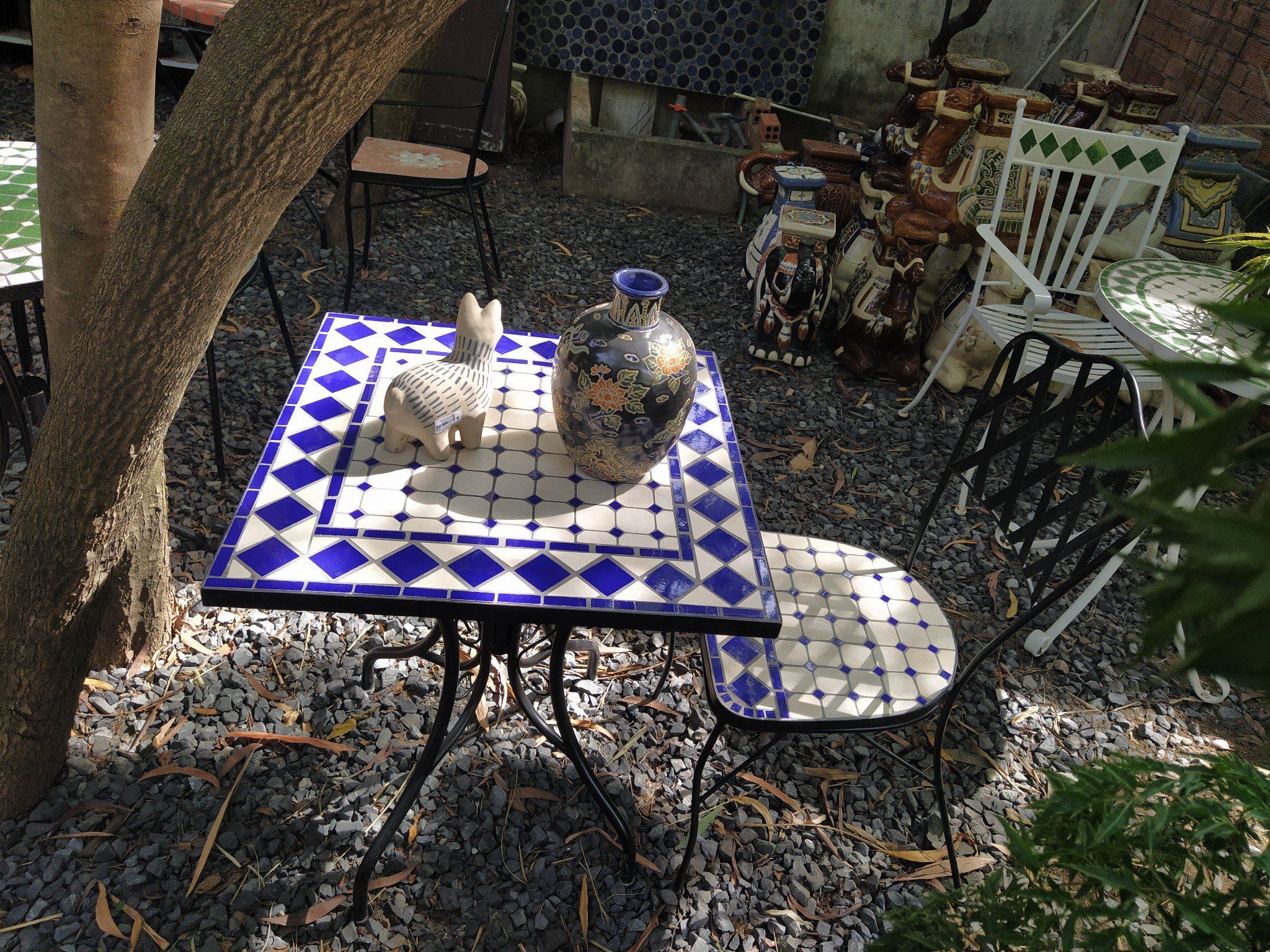 Mosaic hiện đại, bàn ghép gốm họa tiết ô vuông xanh dương, D60cm