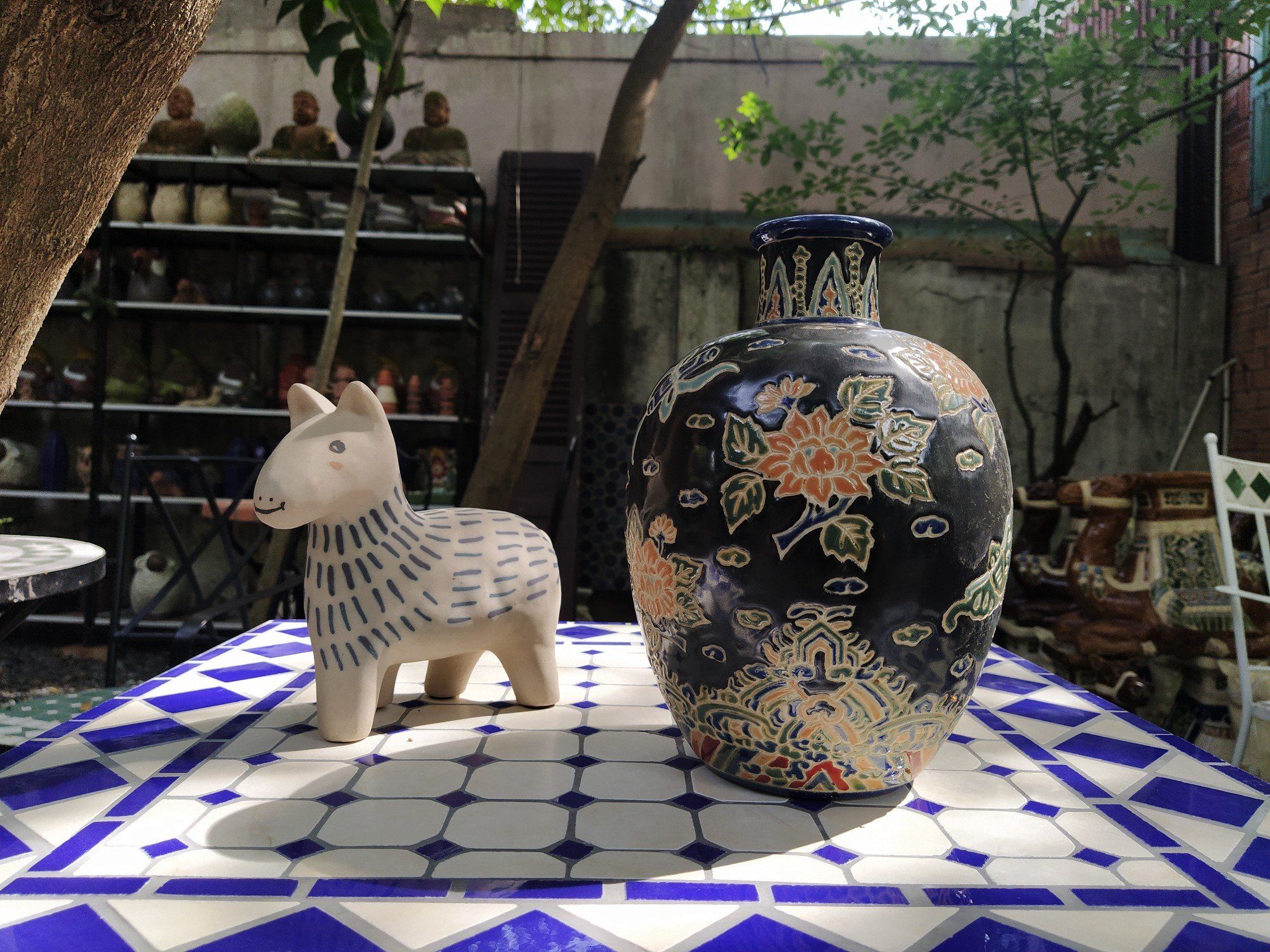 Mosaic hiện đại, bàn ghép gốm họa tiết ô vuông xanh dương, D60cm