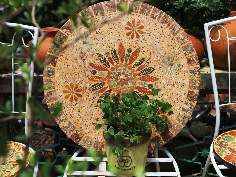 Mosaic cổ điển, mặt bàn gốm tròn, R60 cm
