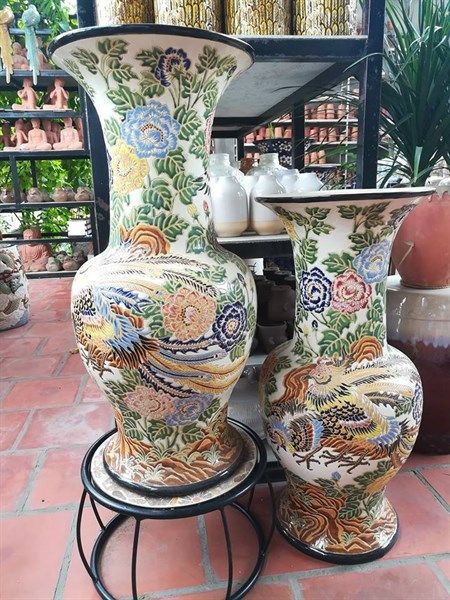 Bình gốm mỹ nghệ, chạm khắc chim phụng, H60 cm