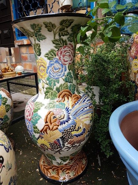 Bình gốm mỹ nghệ, chạm khắc chim phụng, H80 cm