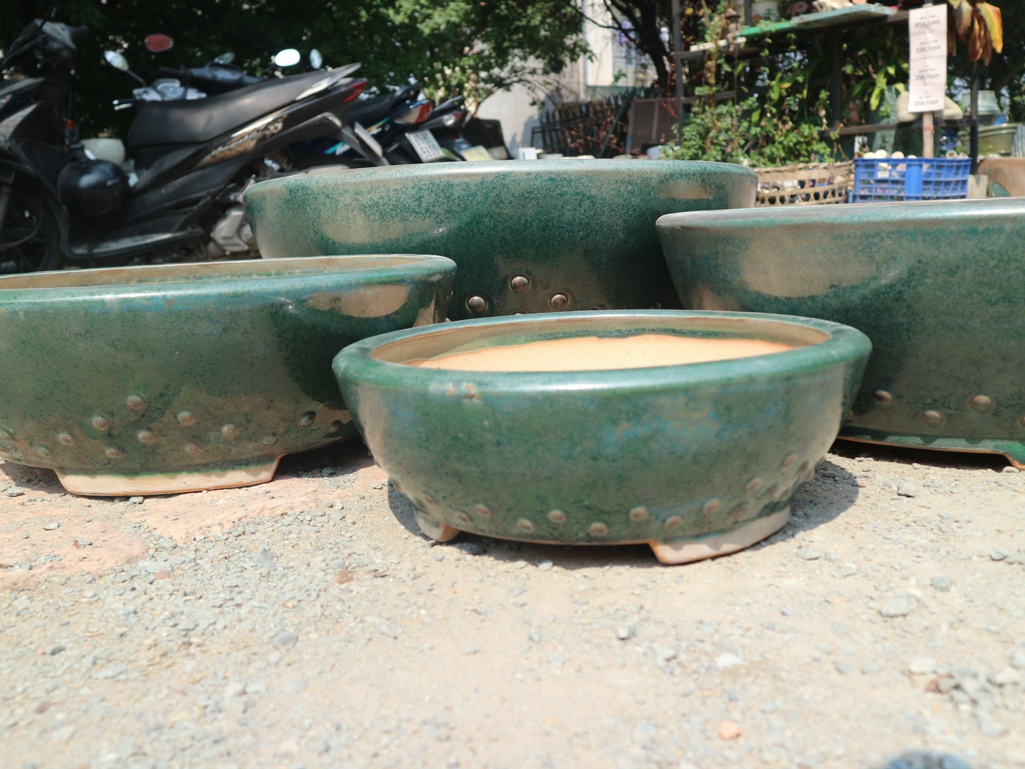 Chậu bonsai Lá, tròn chấm bi, bộ 4- 0102s3g034