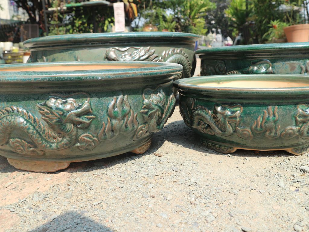 Chậu bonsai Lá, tròn hình rồng, bộ 4