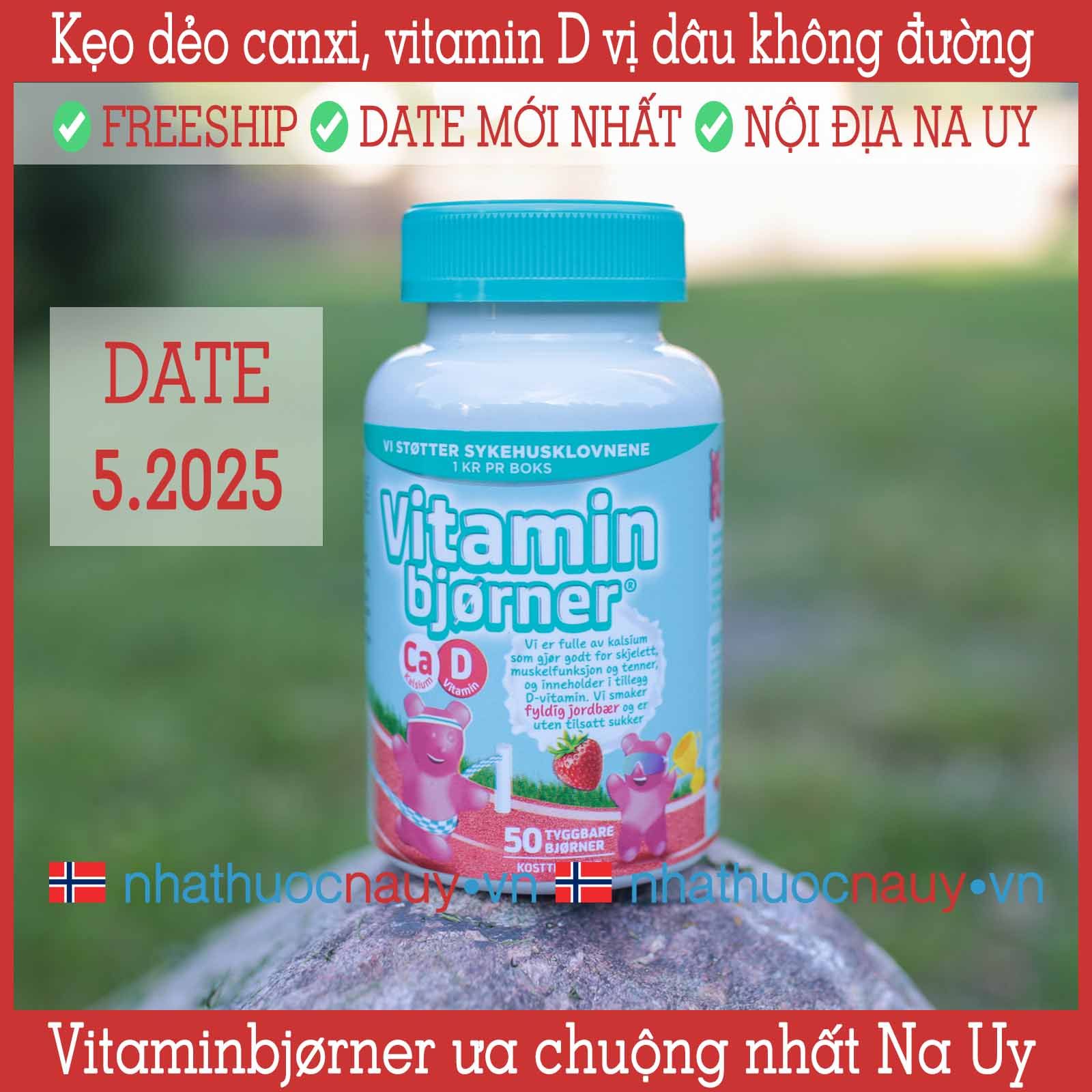 Kẹo dẻo canxi + vitamin D Vitaminbjørner vị dâu tây