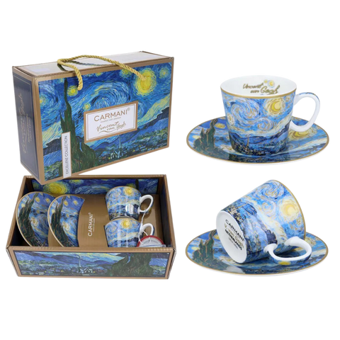 Set 2 ly và đĩa sứ Carmani Set of 2 espresso cups - V. van Gogh Starry night - 100ml