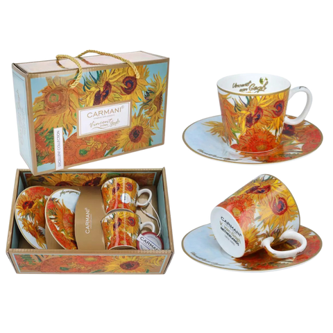 Set 2 ly và đĩa sứ Carmani - V. van Gogh Sunflowers - 100ml