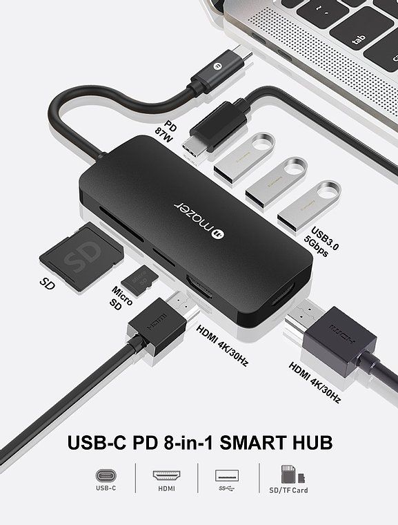 Cổng Chuyển Đổi Mazer USB-C 8-in-1 HUB To HDMI 4Kx2 ( M-UC2MULTI4082-BK ) - Hàng Apple8