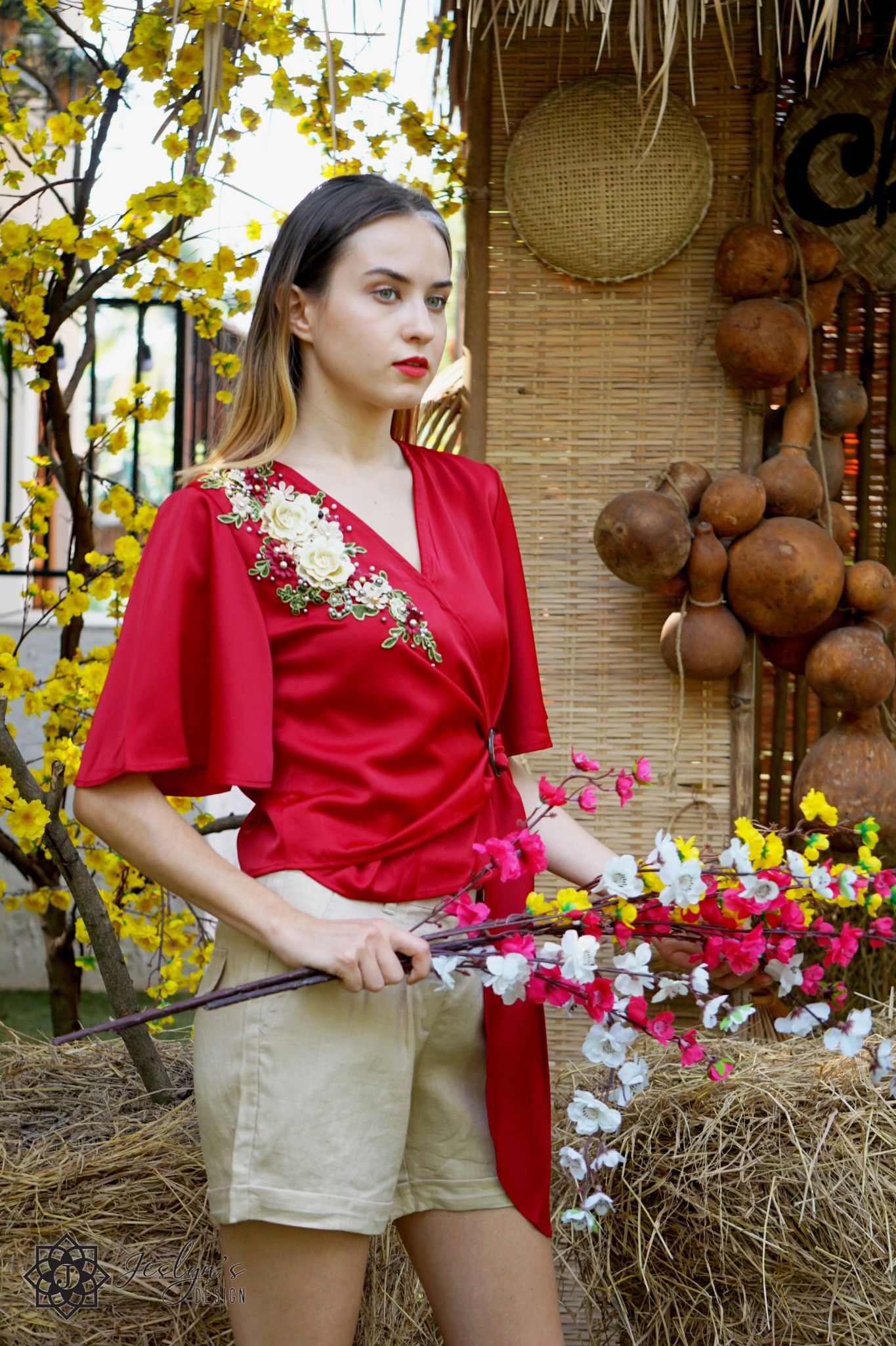 V-neck red top with 3D embroidery flower A332J