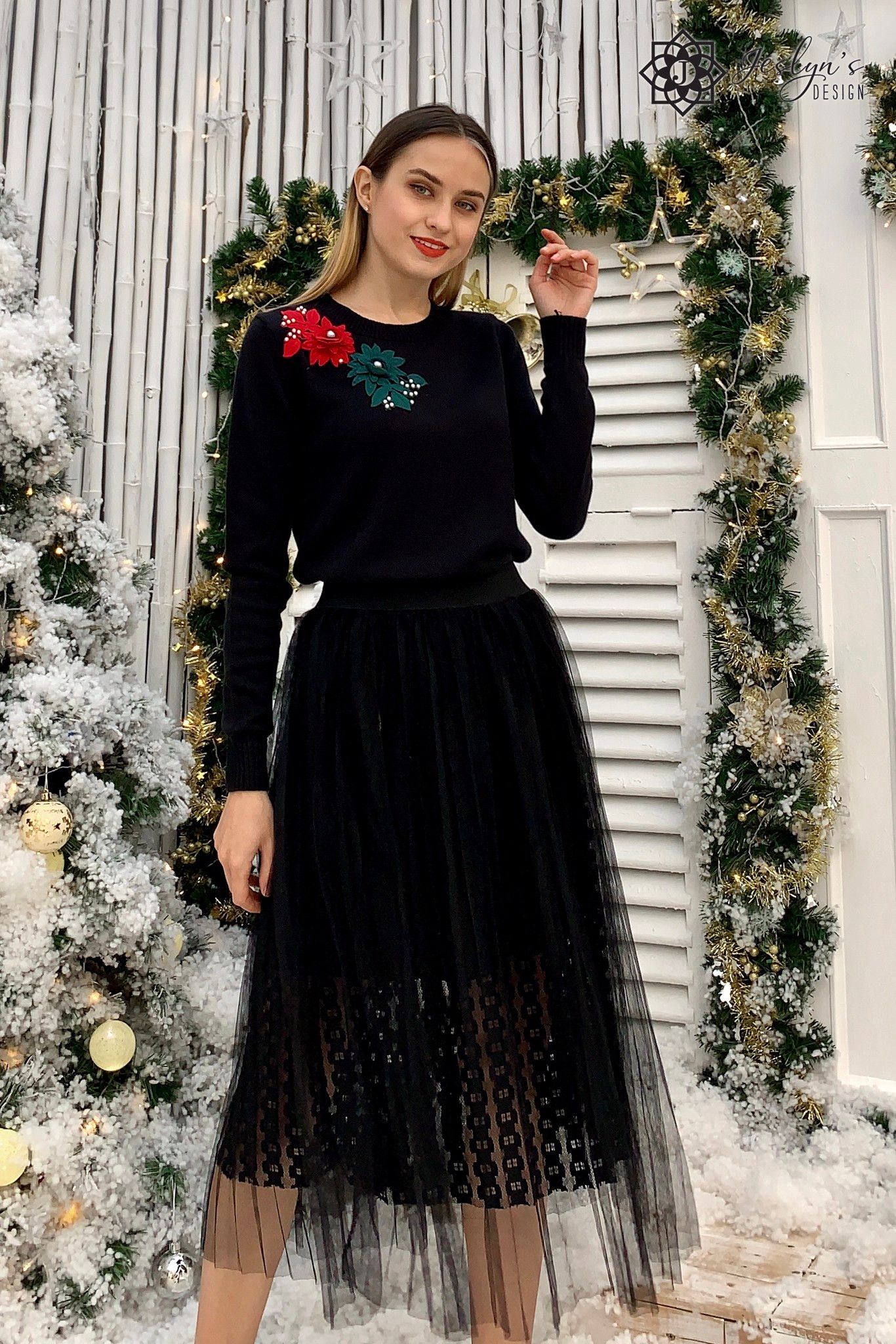 Black top with 3D embroidered flower A338J