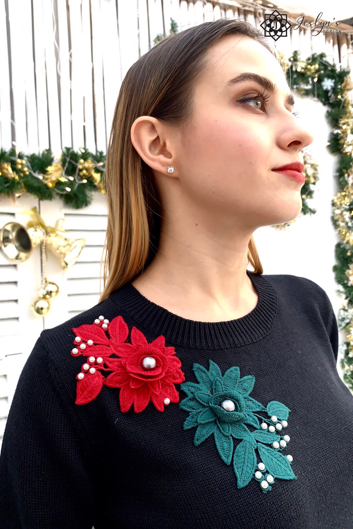 Black top with 3D embroidered flower A338J