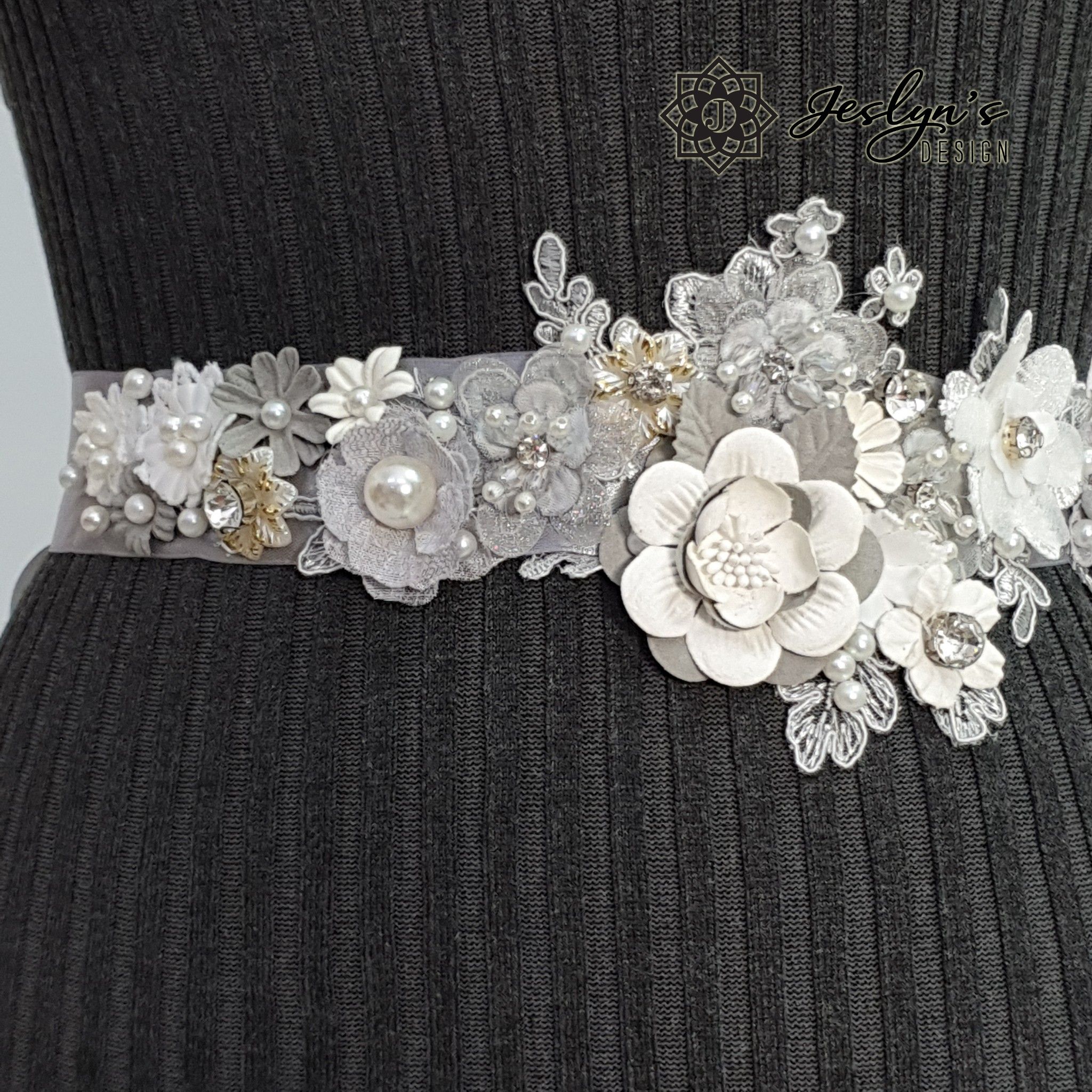 Grey Fabric Flower Sash - FS02