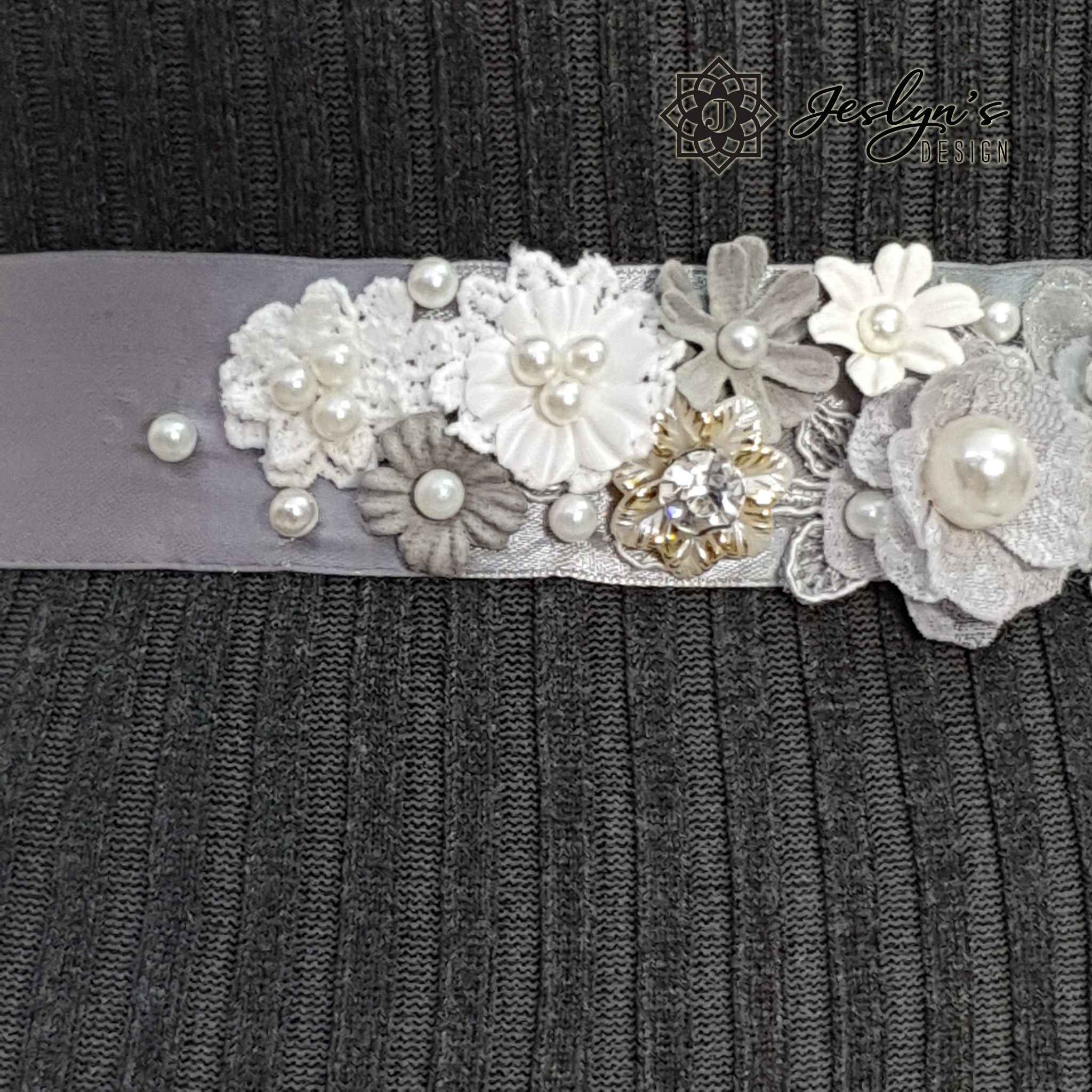 Grey Fabric Flower Sash - FS02