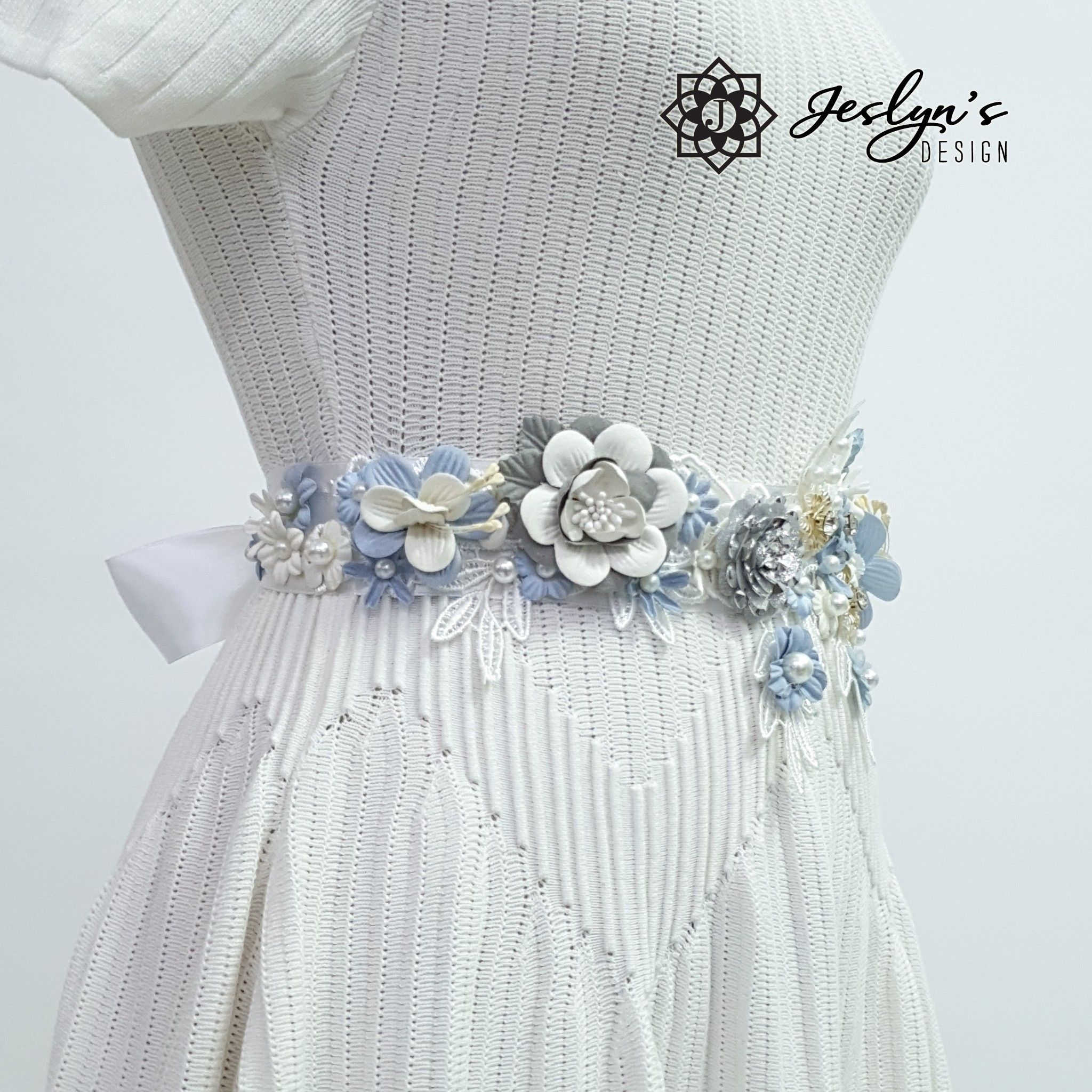 Metal Blue Fabric Flower Sash - FS04