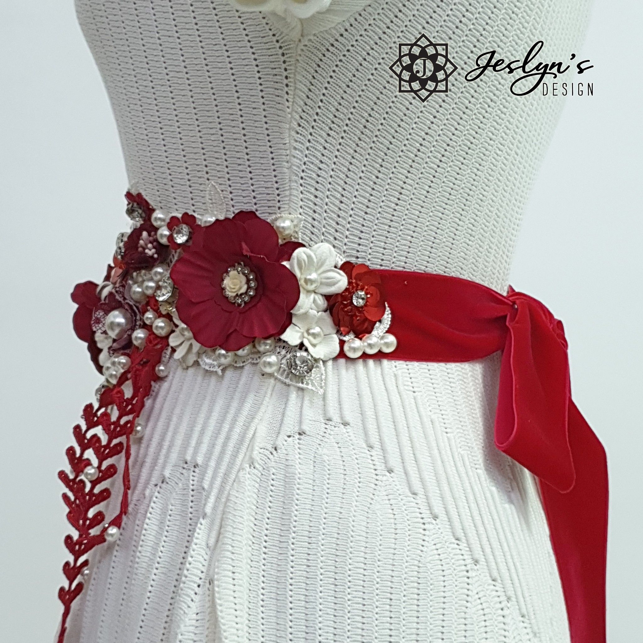 Red and White Willow Flower Sash - FS15