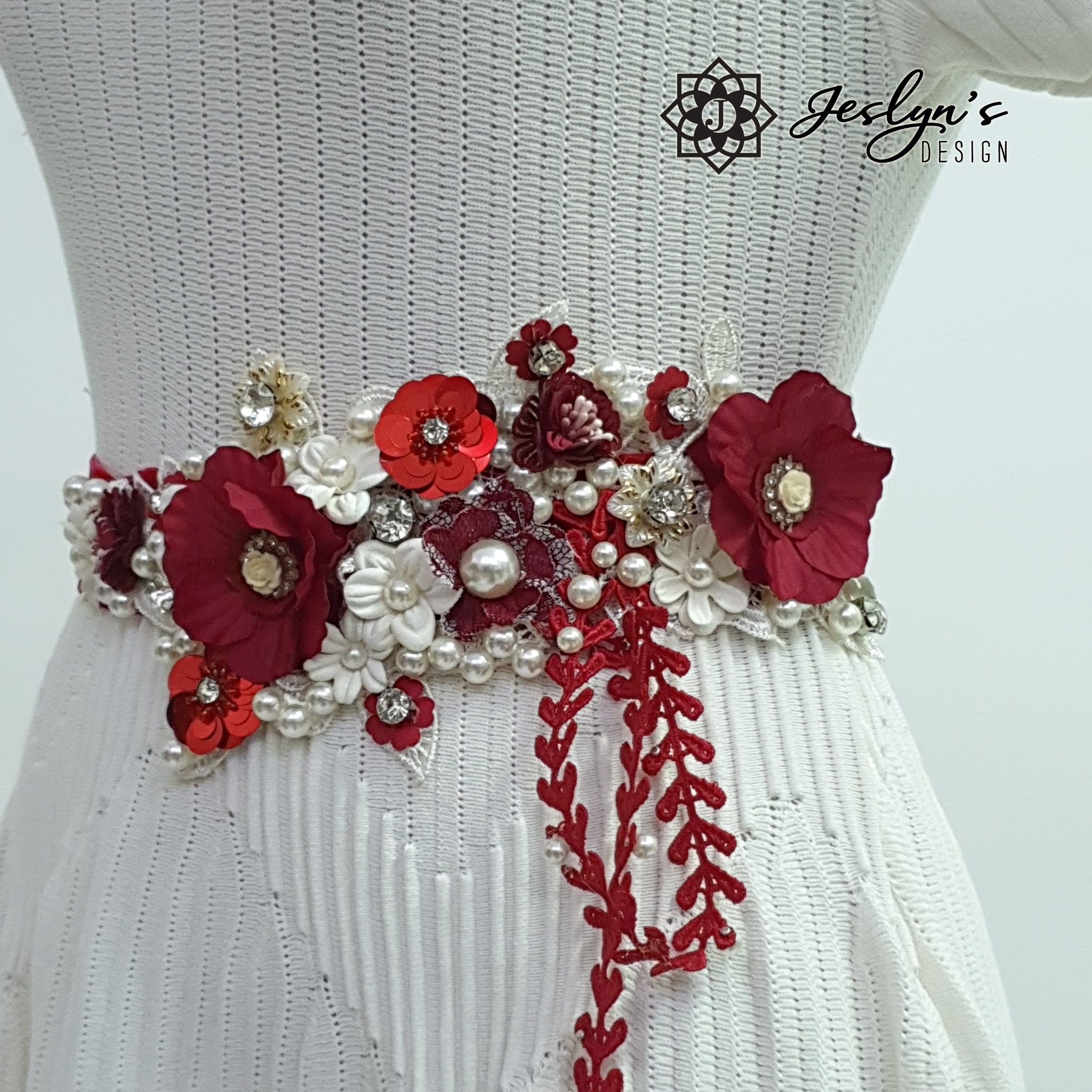 Red and White Willow Flower Sash - FS15