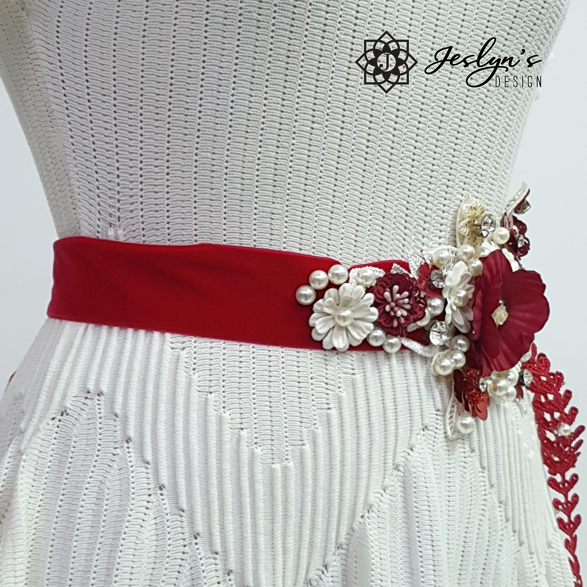 Red and White Willow Flower Sash - FS15