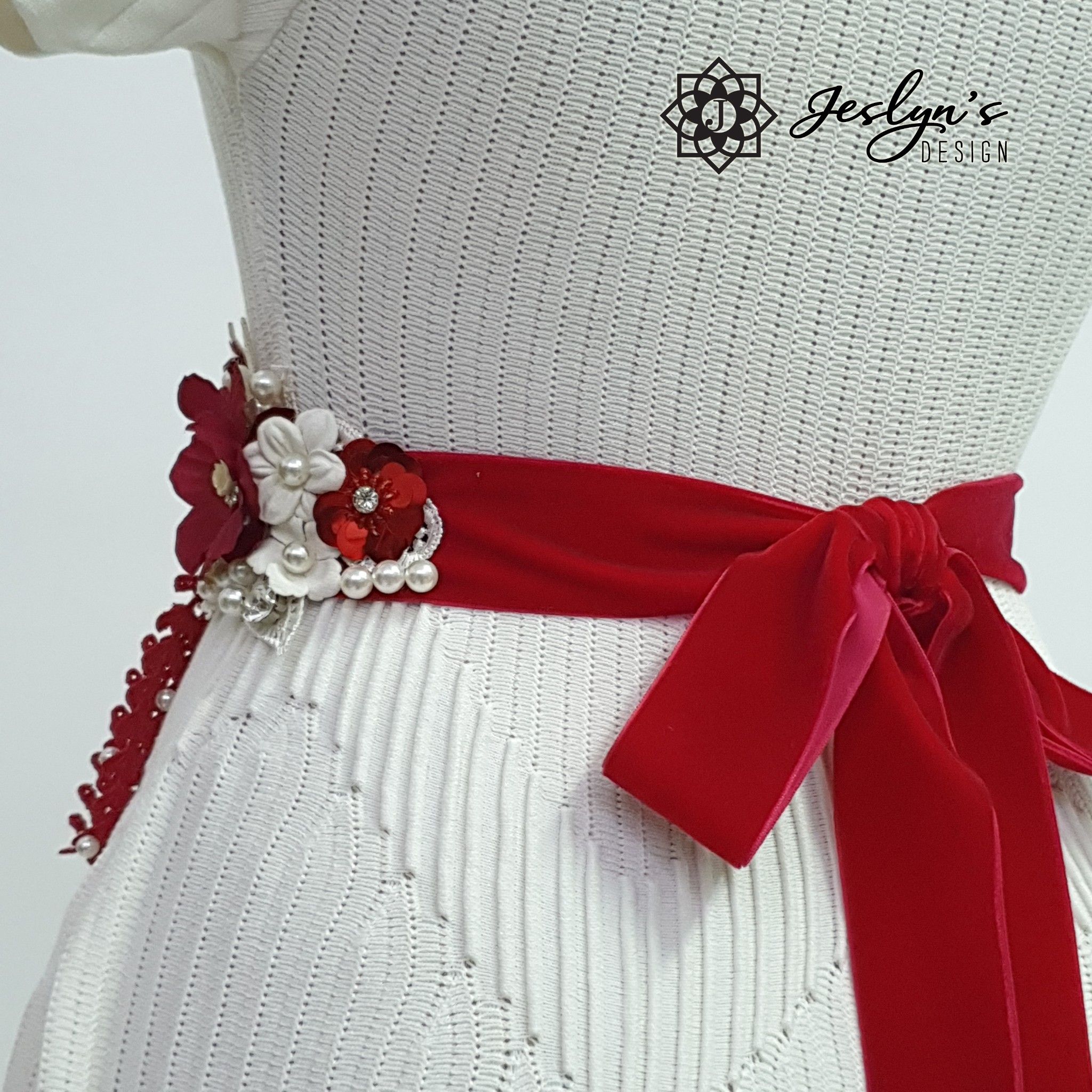 Red and White Willow Flower Sash - FS15