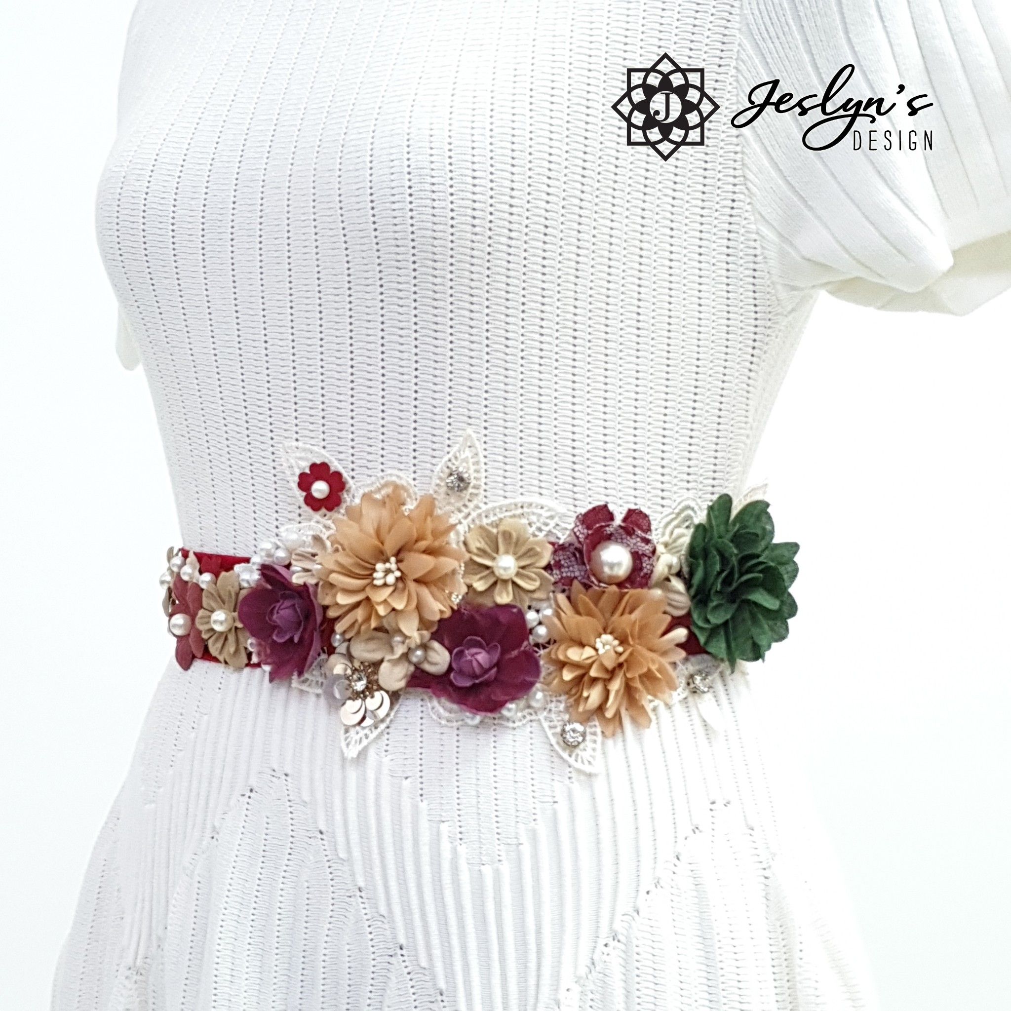 Beige, Red and Green Flower Sash - FS16