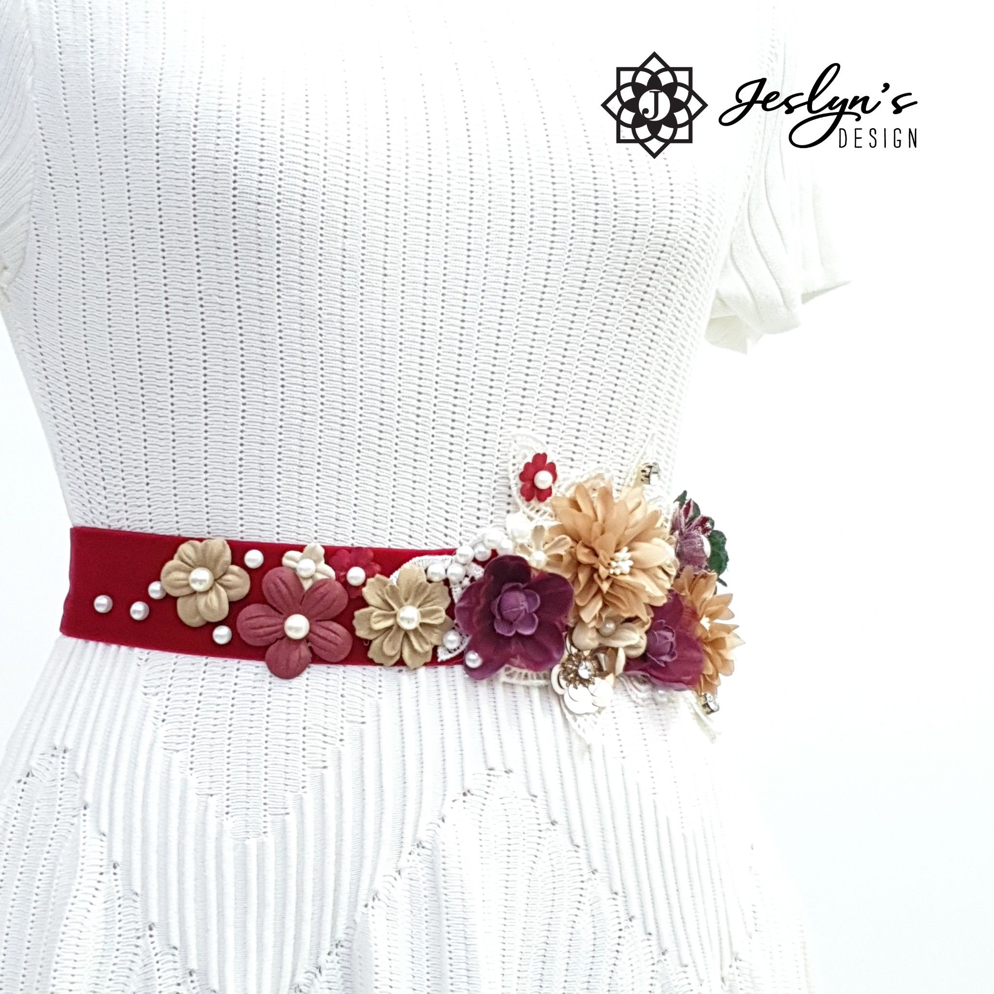 Beige, Red and Green Flower Sash - FS16