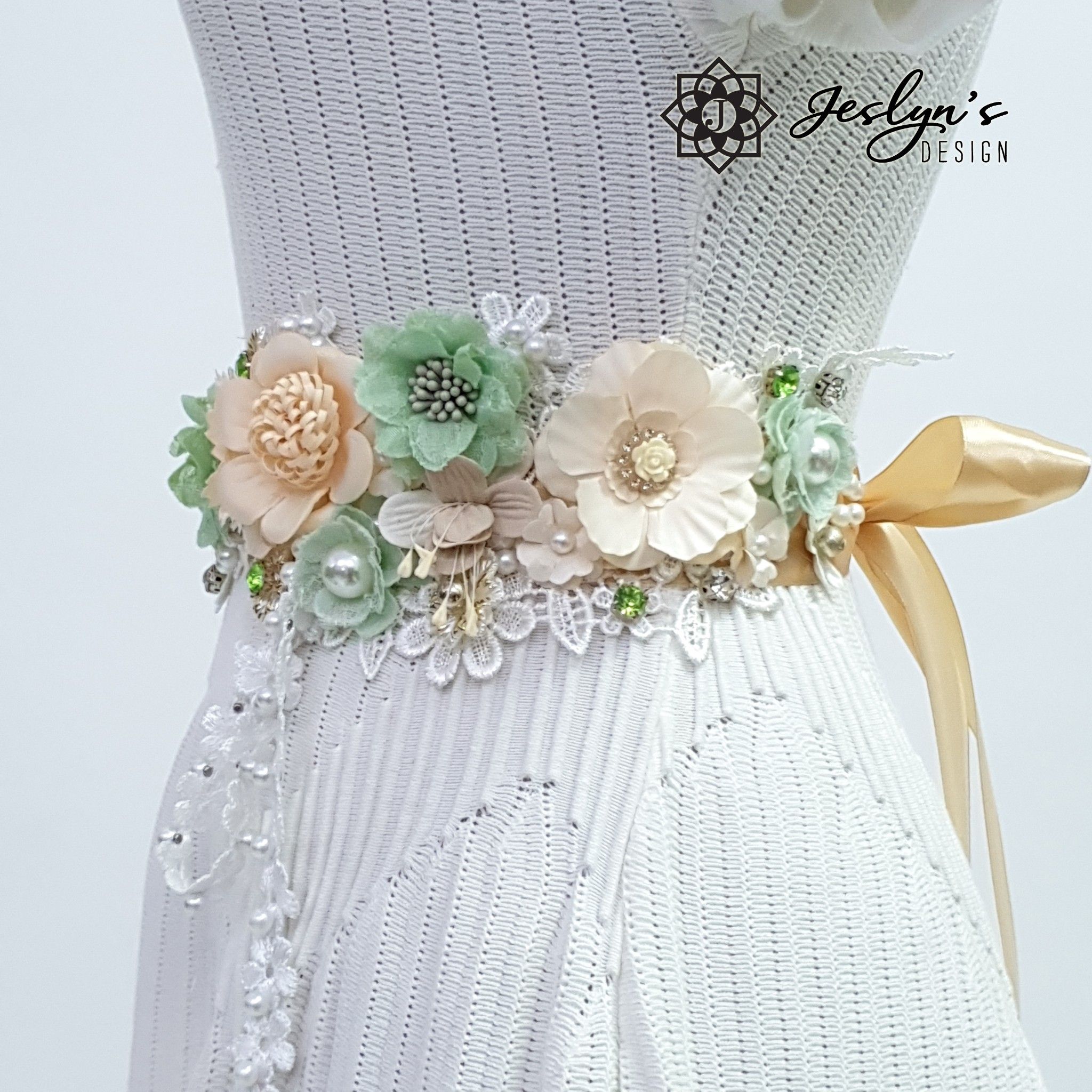 Beige and Green Flower Sash - FS17