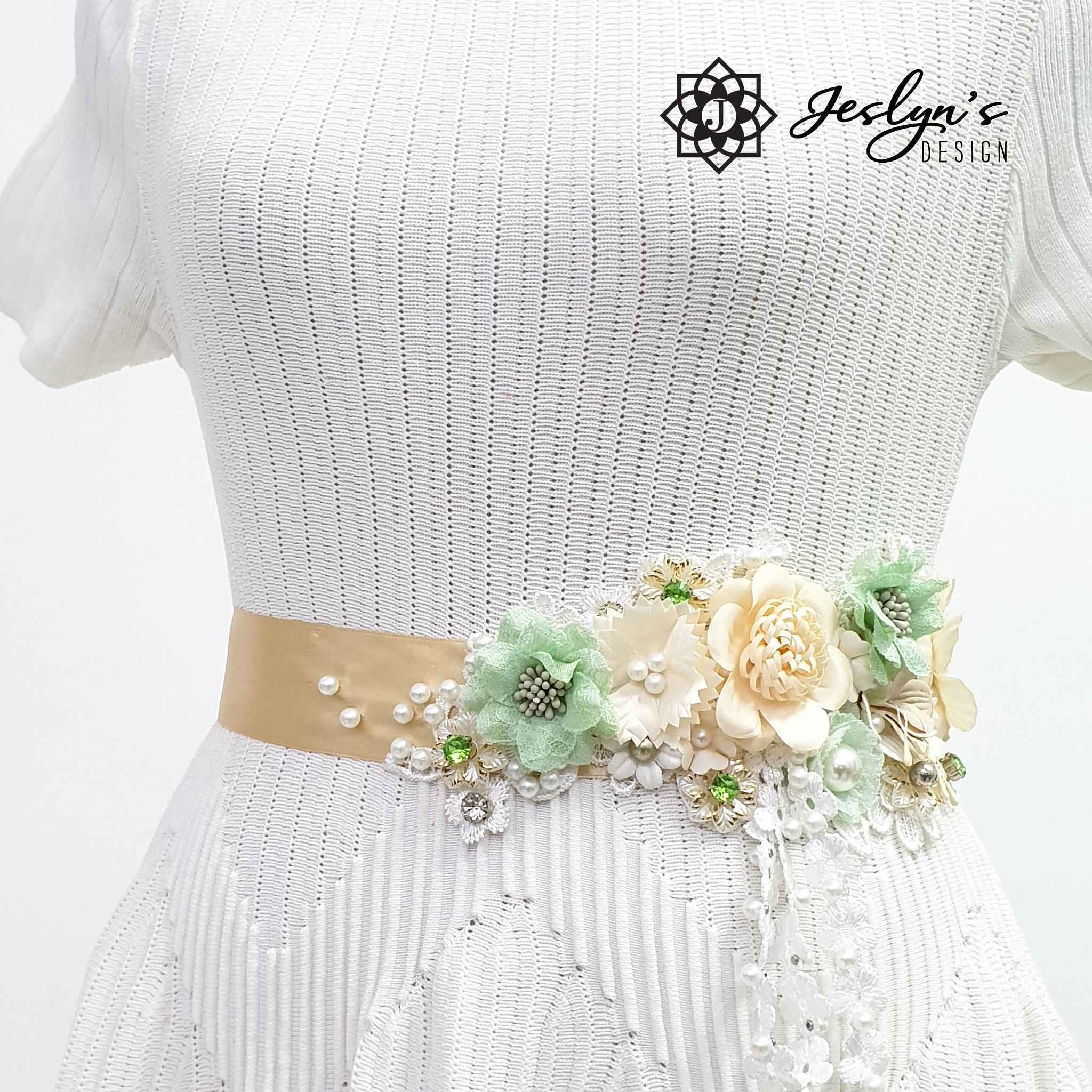 Beige and Green Flower Sash - FS17