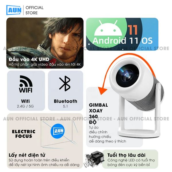 AUN HY300 Gen2 - Máy chiếu mini giá rẻ, độ phân giải thực HD 720p, độ sáng 200 ansi lumens, tích hợp Android và tính năng Auto keystone chỉnh nghiêng tự động, kết nối điện thoại linh hoạt