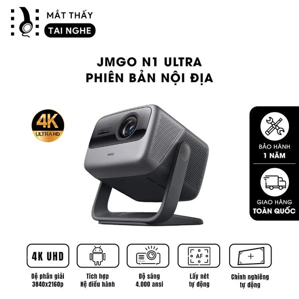 JMGO N1 Ultra - Máy chiếu thông minh tích hợp Android TV Quốc tế, giọng nói Tiếng Việt và Netflix 4K, độ phân giải 4K UHD 3840x2160p , độ sáng 4.000 Ansi lumens, chip xử lý Mediatek 9669 siêu mạnh