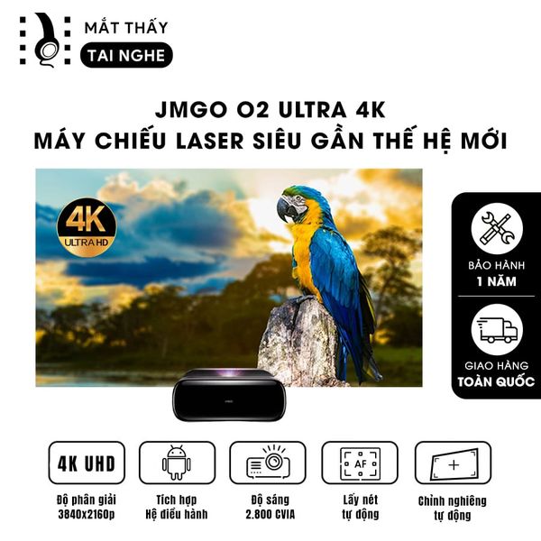 JMGO O2 Ultra 4K - Máy chiếu siêu gần thông minh tích hợp Hệ điều hành, độ phân giải 4K UHD 3840x2160p , độ sáng 4500 Ansi lumens, chip xử lý Mediatek 9679 siêu mạnh