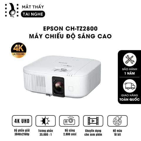 Epson CH-TZ2800 -  Máy chiếu thông minh tích hợp Android TV Quốc tế, giọng nói Tiếng Việt và Netflix 4K, độ phân giải chuẩn 4K UHD 3840x2160p chuyên Cinema, độ sáng 2.800 ansi, tương phản siêu cao 35.000:1