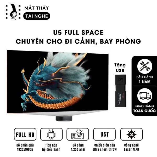 [TẶNG USB] U5 full space -  Máy chiếu siêu gần UST chuyên dụng đi cảnh, bay phòng thông minh tích hợp hệ điều hành, độ phân giải Full HD 1920x1080p và độ sáng 1.250 ansi lumens