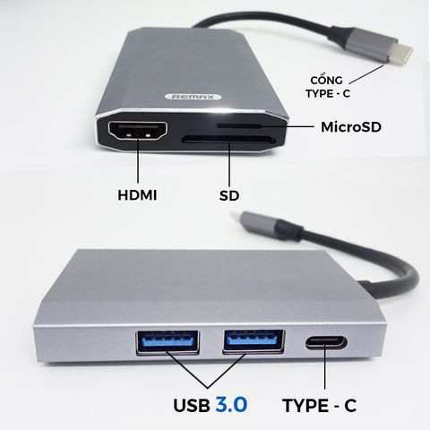 Bộ chuyển đổi Remax RU-U30 6in1 TypeC to HDMI + USB 3.0 + Đầu đọc thẻ