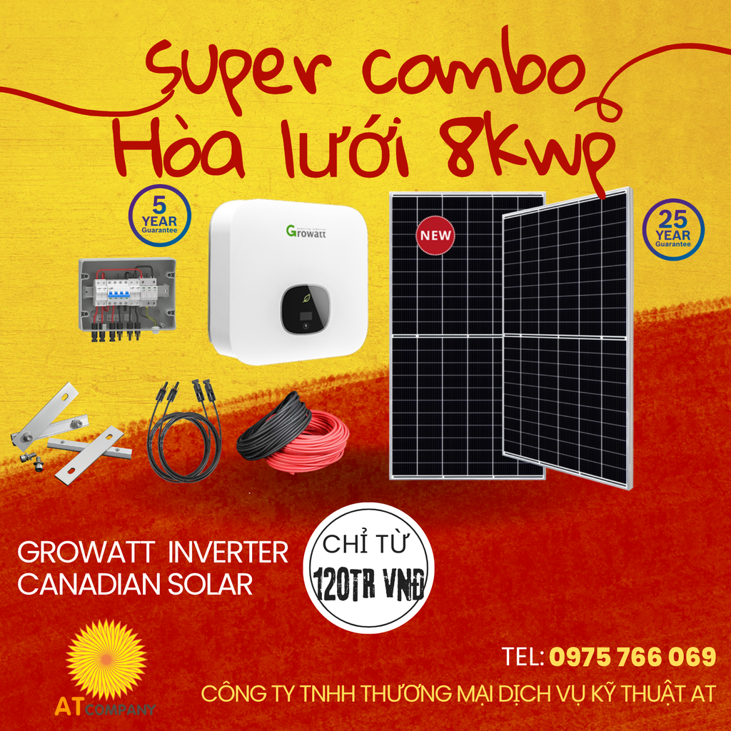  Hệ thống điện mặt trời hòa lưới cao cấp 8KWp (8.000Wp) - Có bám tải 