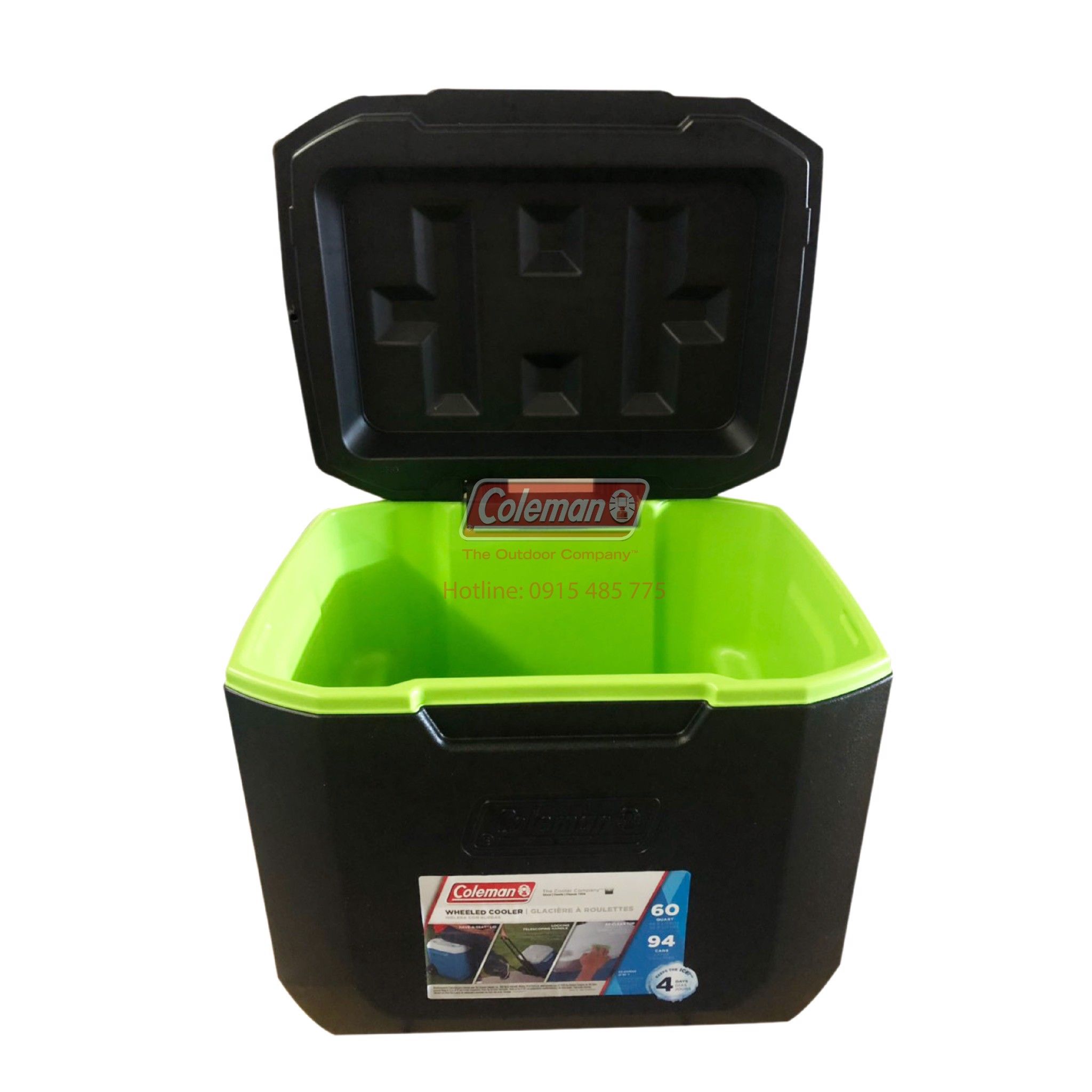 Thùng Coleman giữ lạnh 30005184 - 57L - tay kéo Cooler 60 QT Wheeled Blk/Grn/Blk