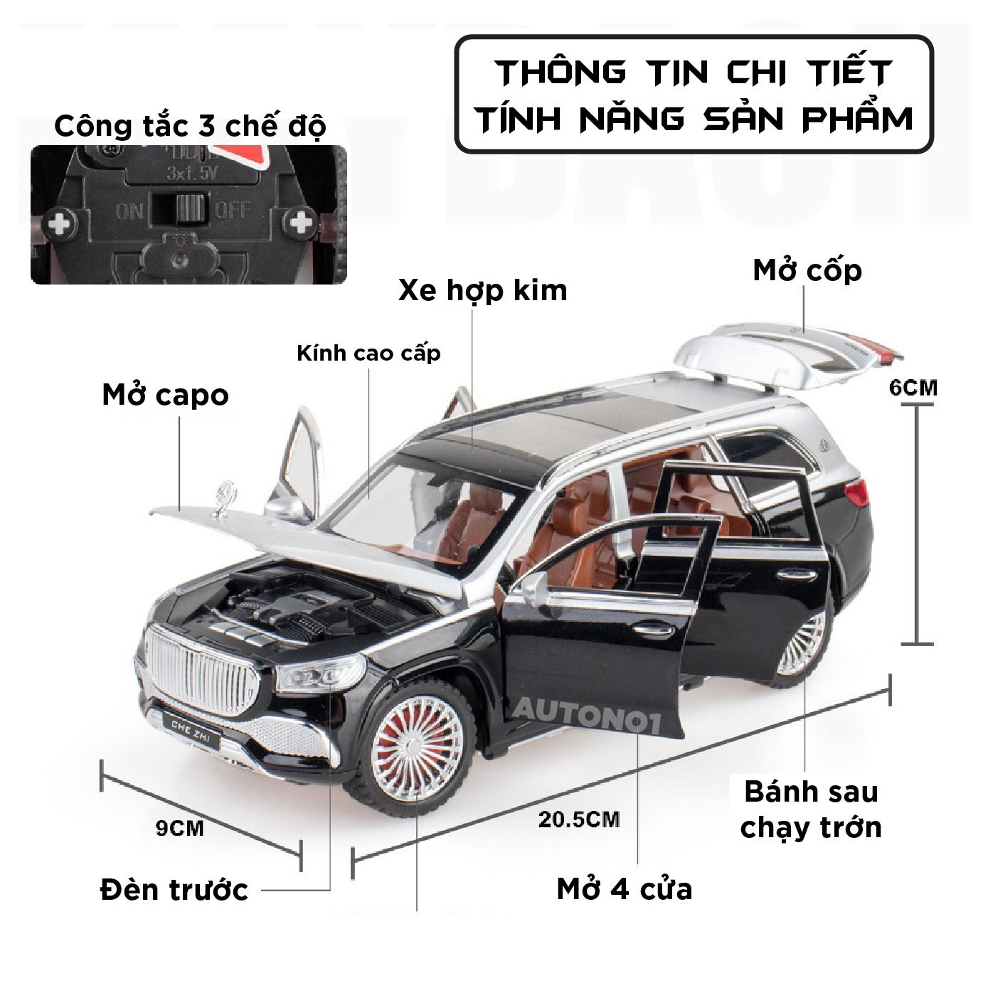  Mô hình xe Mercedes-Benz GLS600 MayBach full open có đèn có âm thanh bầu trời sao tỉ lệ 1:24 Chezhi OT437 