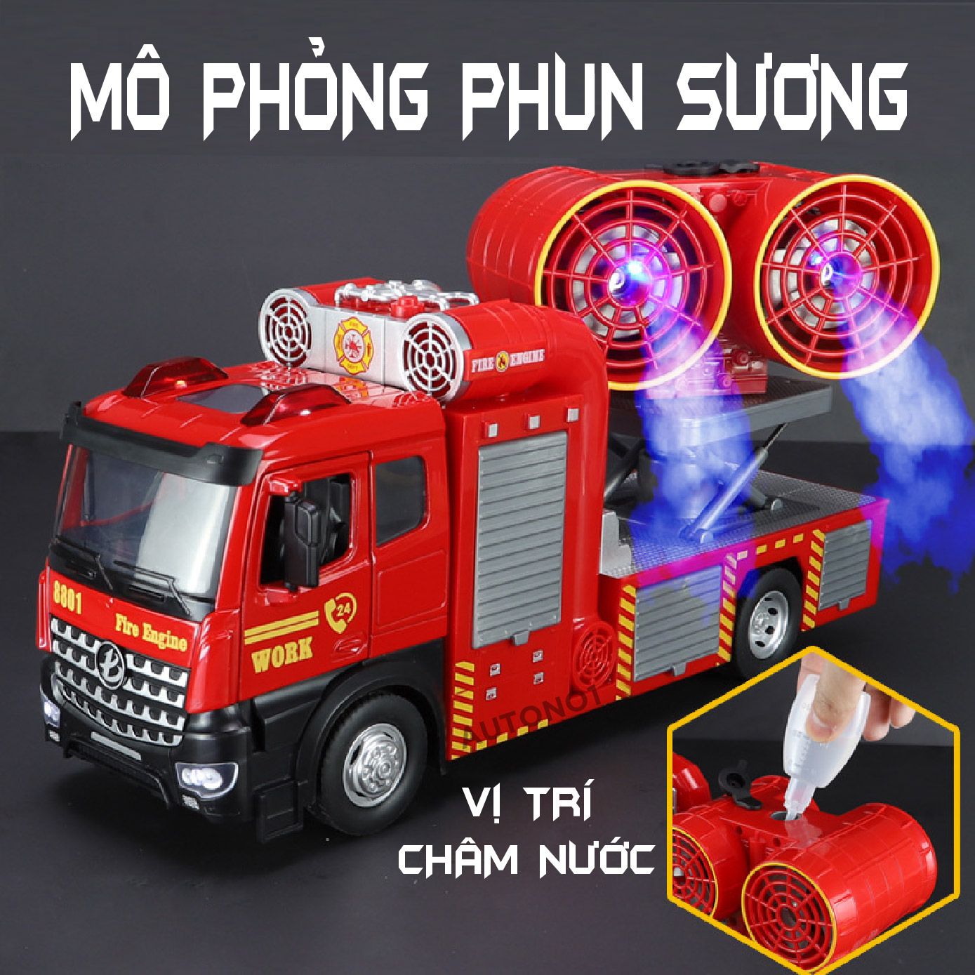  Mô hình xe cứu hỏa trục xoay phun khói tỉ lệ 1:24 Metal DieCast OT446 