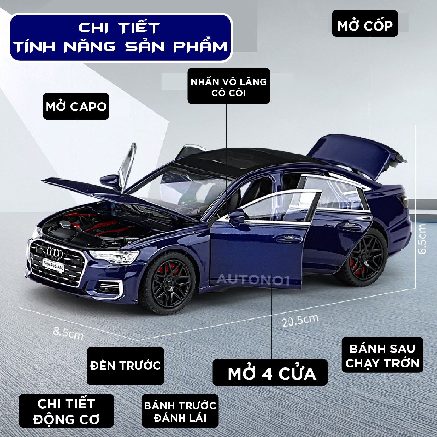 Mô hình xe Audi A6L full open có đèn có âm thanh đánh lái được tỉ lệ 1:24 Chimei Model OT389