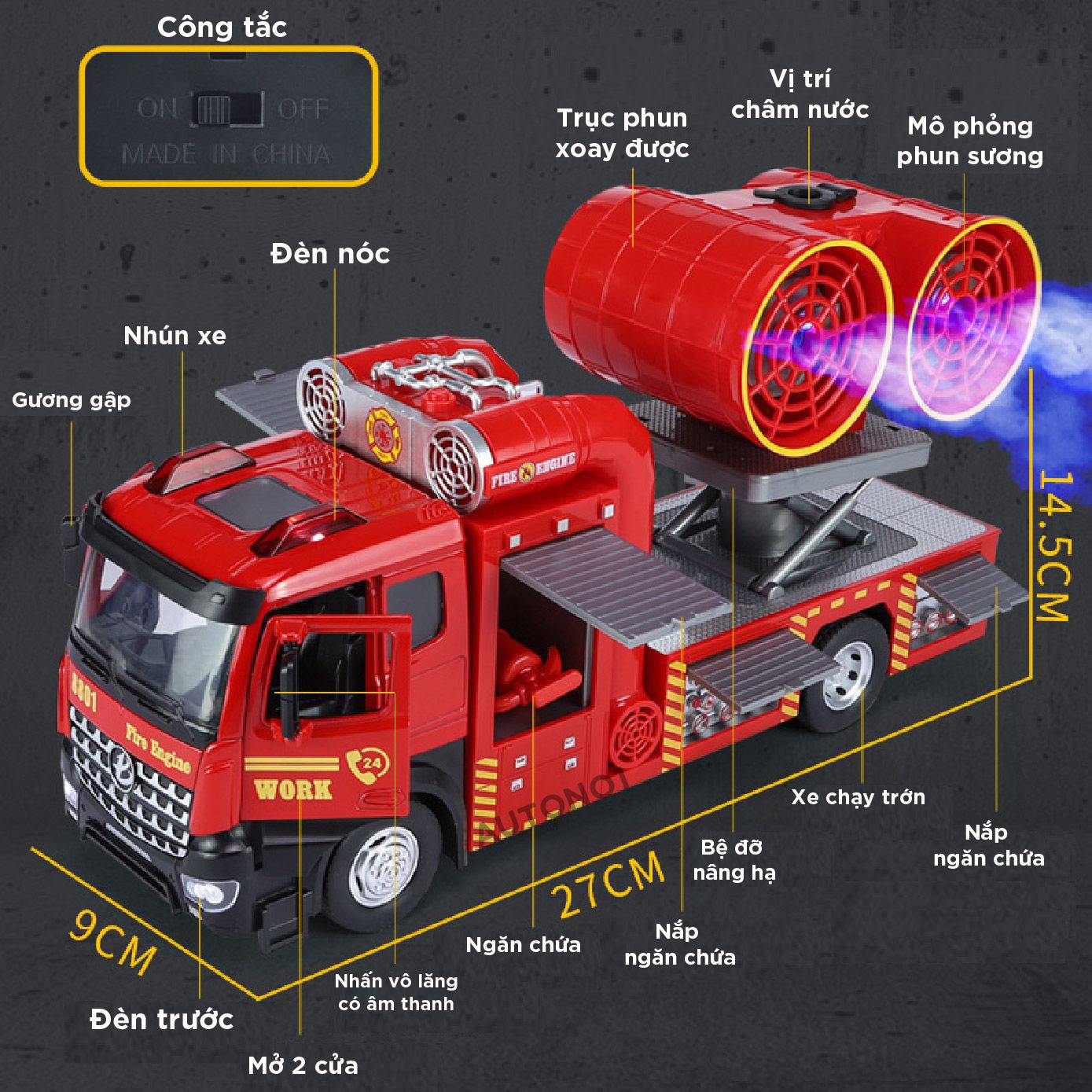 Mô hình xe cứu hỏa trục xoay phun khói tỉ lệ 1:24 Metal DieCast OT446