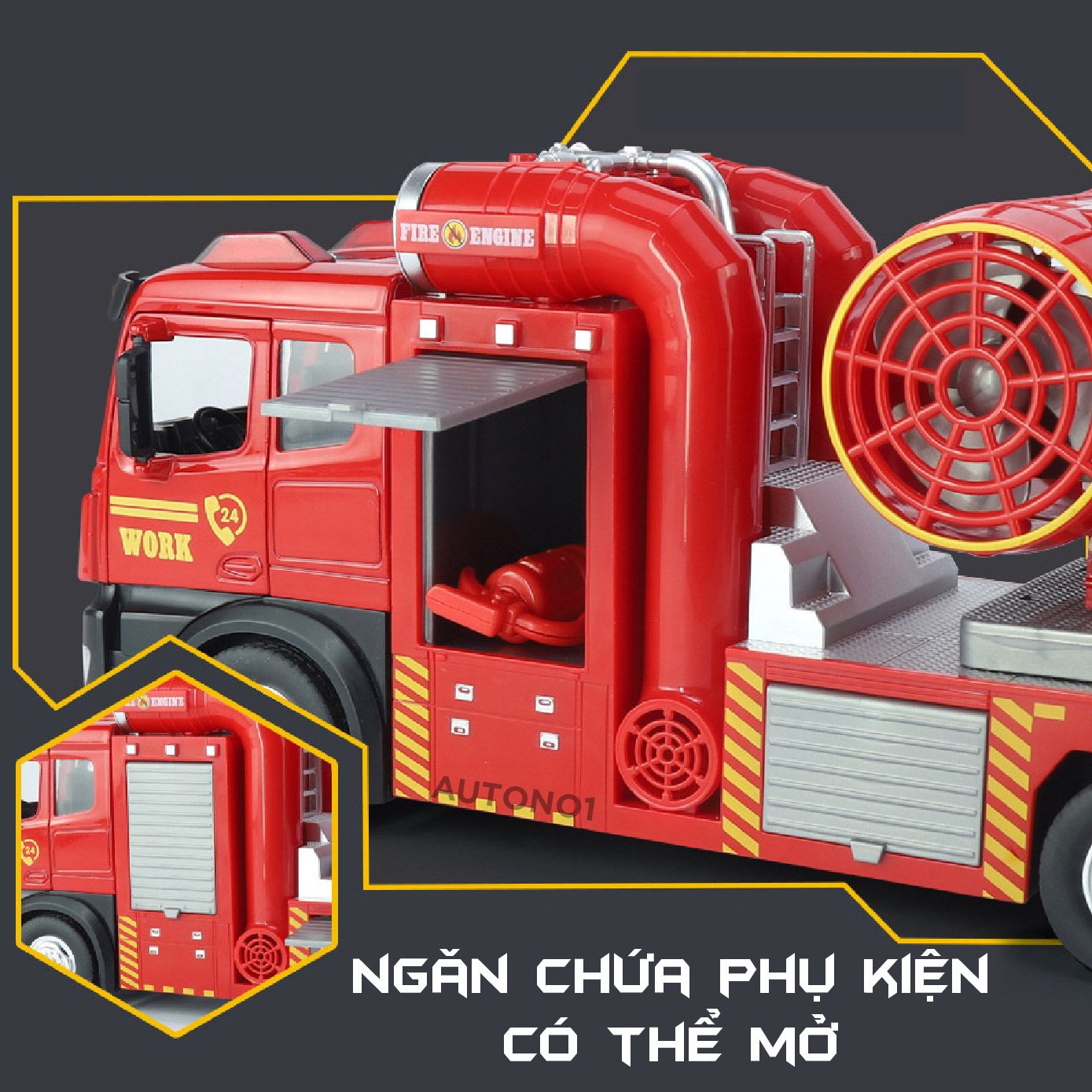 Mô hình xe cứu hỏa trục xoay phun khói tỉ lệ 1:24 Metal DieCast OT446