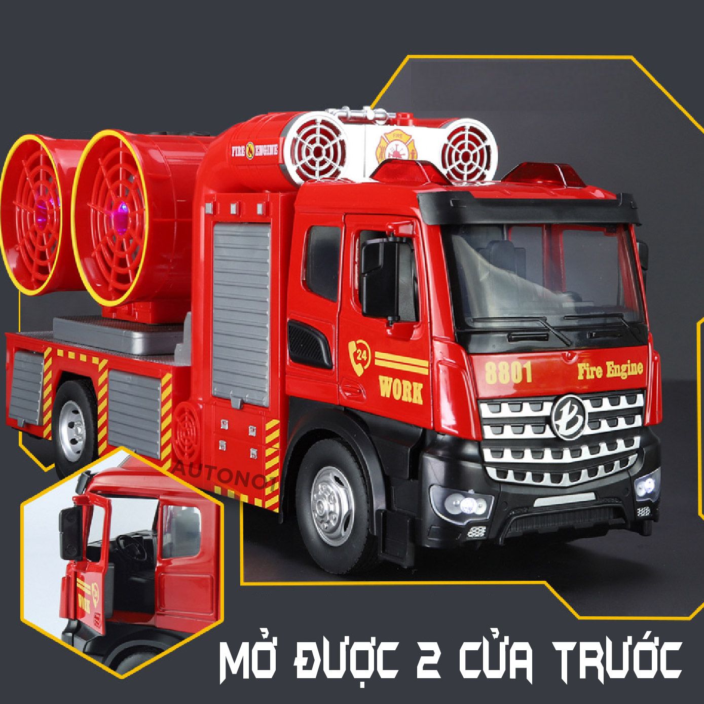 Mô hình xe cứu hỏa trục xoay phun khói tỉ lệ 1:24 Metal DieCast OT446