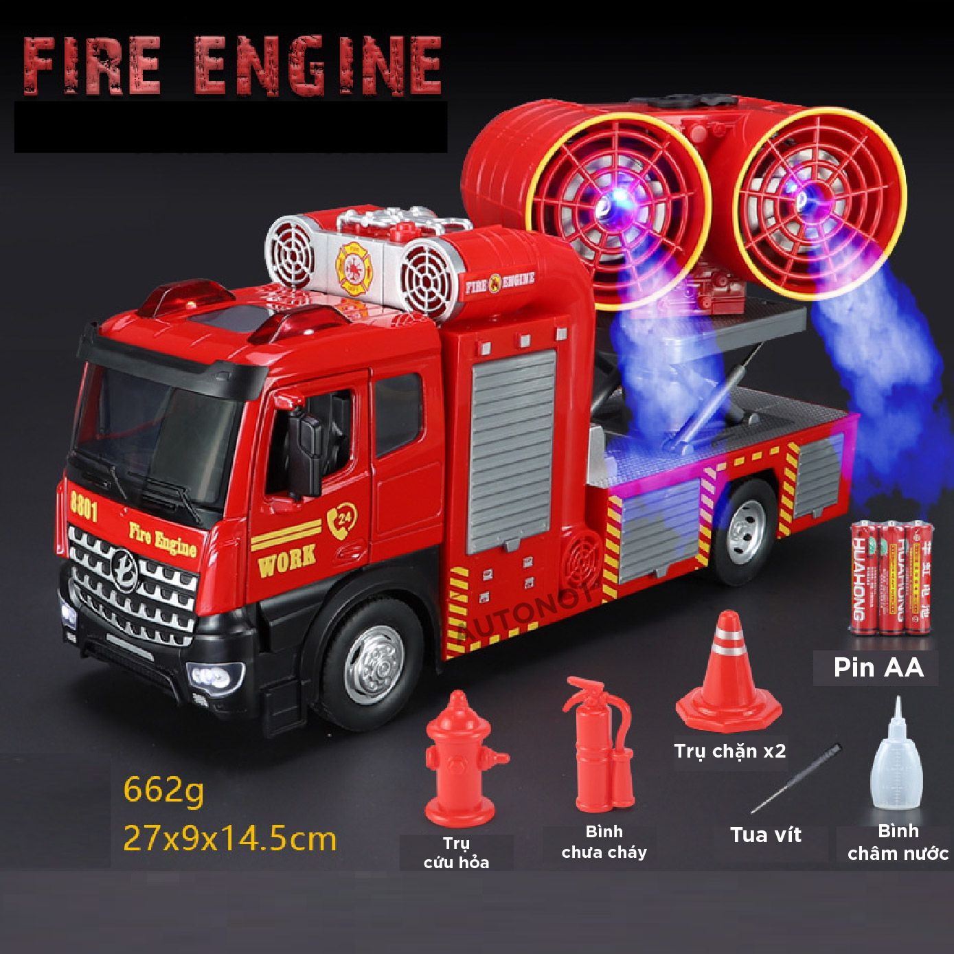 Mô hình xe cứu hỏa trục xoay phun khói tỉ lệ 1:24 Metal DieCast OT446