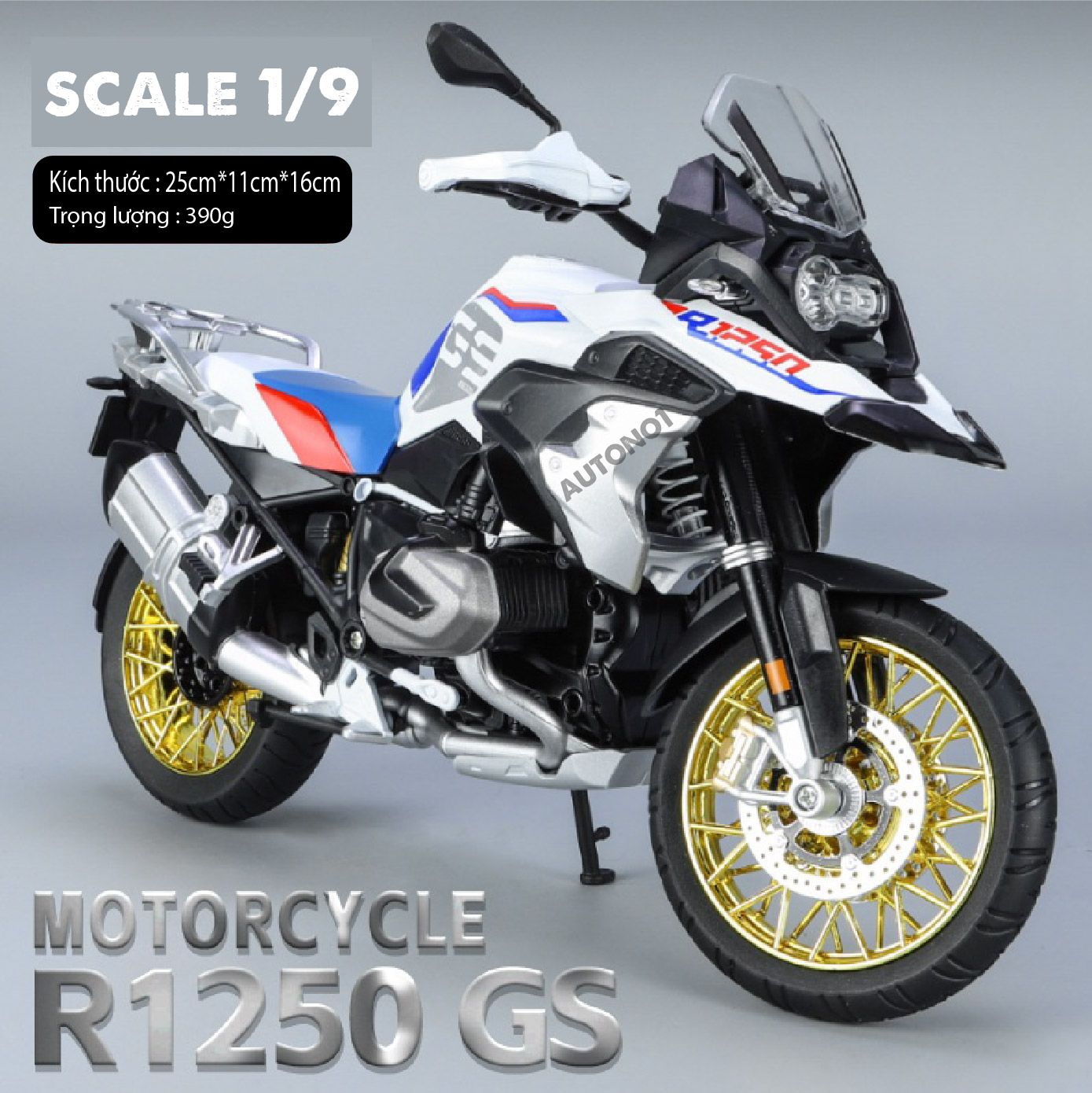  Mô hình moto BMW R 1250 GS ADV tỉ lệ 1:9 Huayi Alloy MT069 