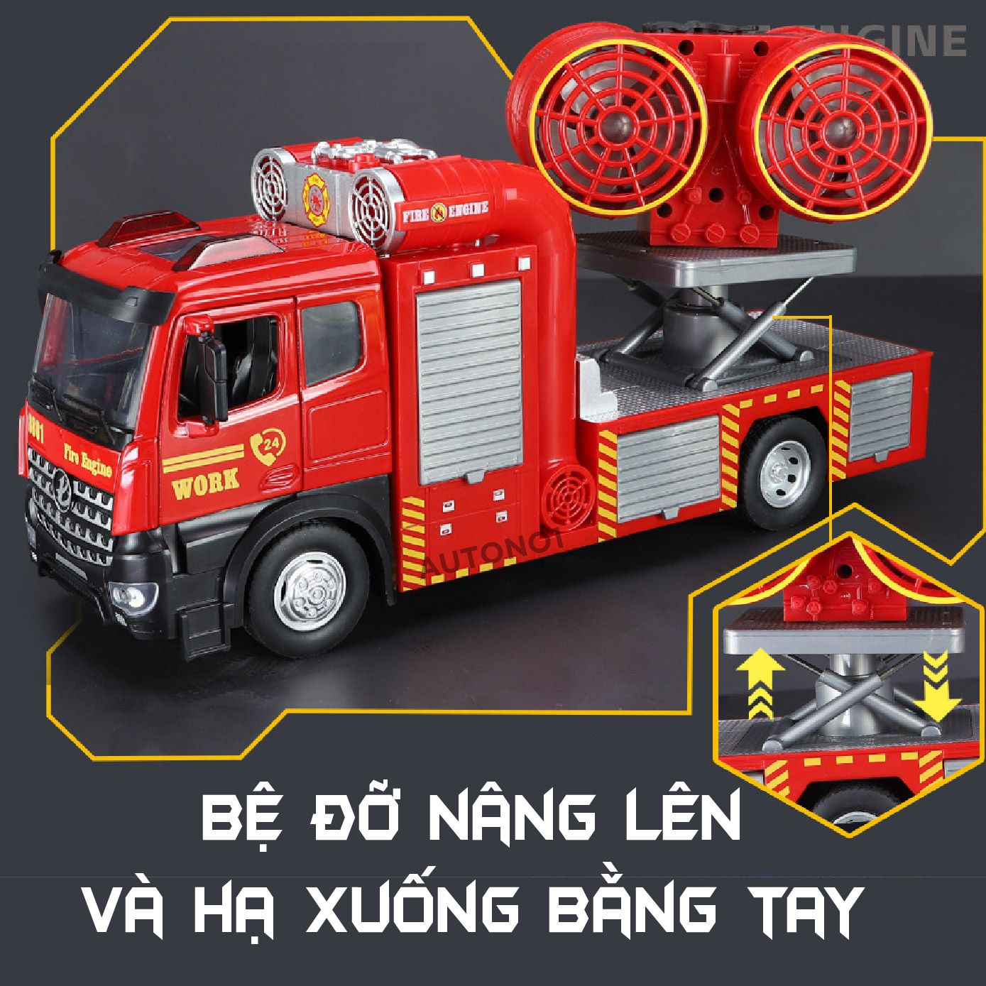 Mô hình xe cứu hỏa trục xoay phun khói tỉ lệ 1:24 Metal DieCast OT446
