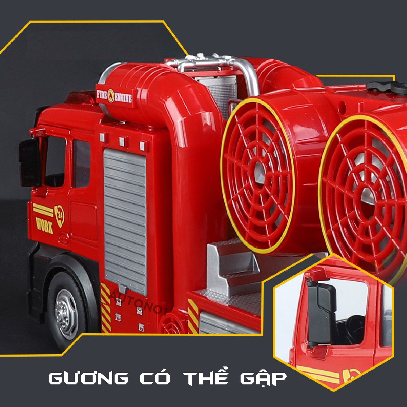 Mô hình xe cứu hỏa trục xoay phun khói tỉ lệ 1:24 Metal DieCast OT446