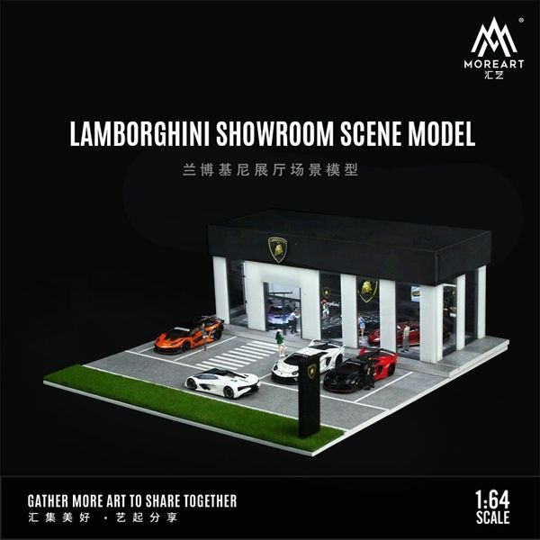 Hộp trưng bày mô phỏng showroom - văn phòng - bãi đỗ xe Lamborghini có đèn - mica tỉ lệ 1:64 MoreArt MO936009