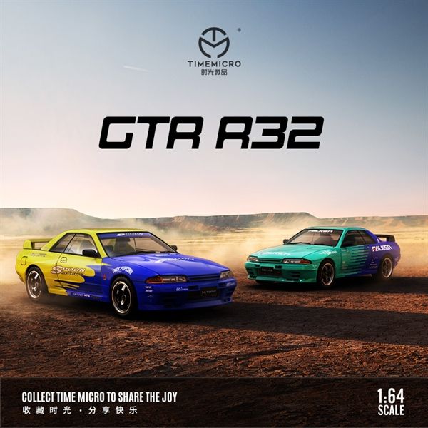 Mô hình xe Nissan GTR R32 racing Falken blue/mint mở được capo tỉ lệ 1:64 Time micro TM644119
