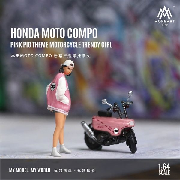 Mô hình nhân vật và mô tô Pink Pig Theme Doll Motorcycle Set Simulation tỉ lệ 1:64 MoreArt MO222123