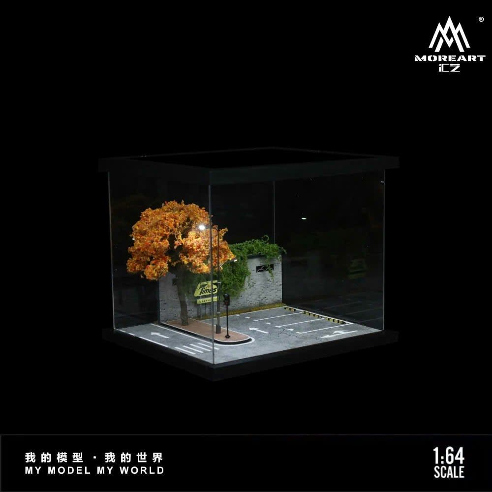 Hộp trưng bày mô phỏng bãi giữ xe có phụ kiện + đèn đường + có mica tỉ lệ 1:64 More Art MO960203