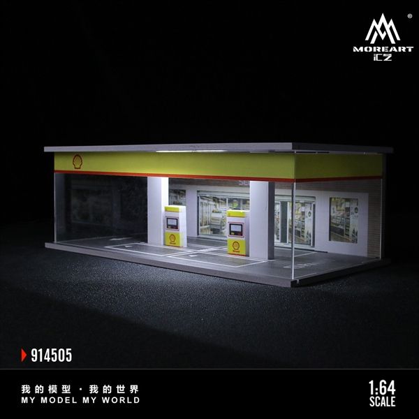 Hộp trưng bày mô phỏng trạm xăng - dầu Shell Oild có đèn - mica bảo vệ tỉ lệ 1:64 MoreArt MO914505