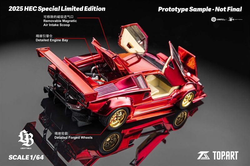 Mô hình xe Lamborghini Countach LBWK Chrome red Special Edition 2025 HEC Beijing limited 1000pcs full open tỉ lệ 1:64 Topart OT64288
