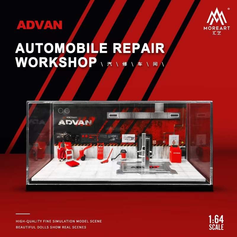 Hộp trưng bày mica xưởng sửa chữa ô tô có bàn nâng , có fig ADVAN tỉ lệ 1:64 MoreArt